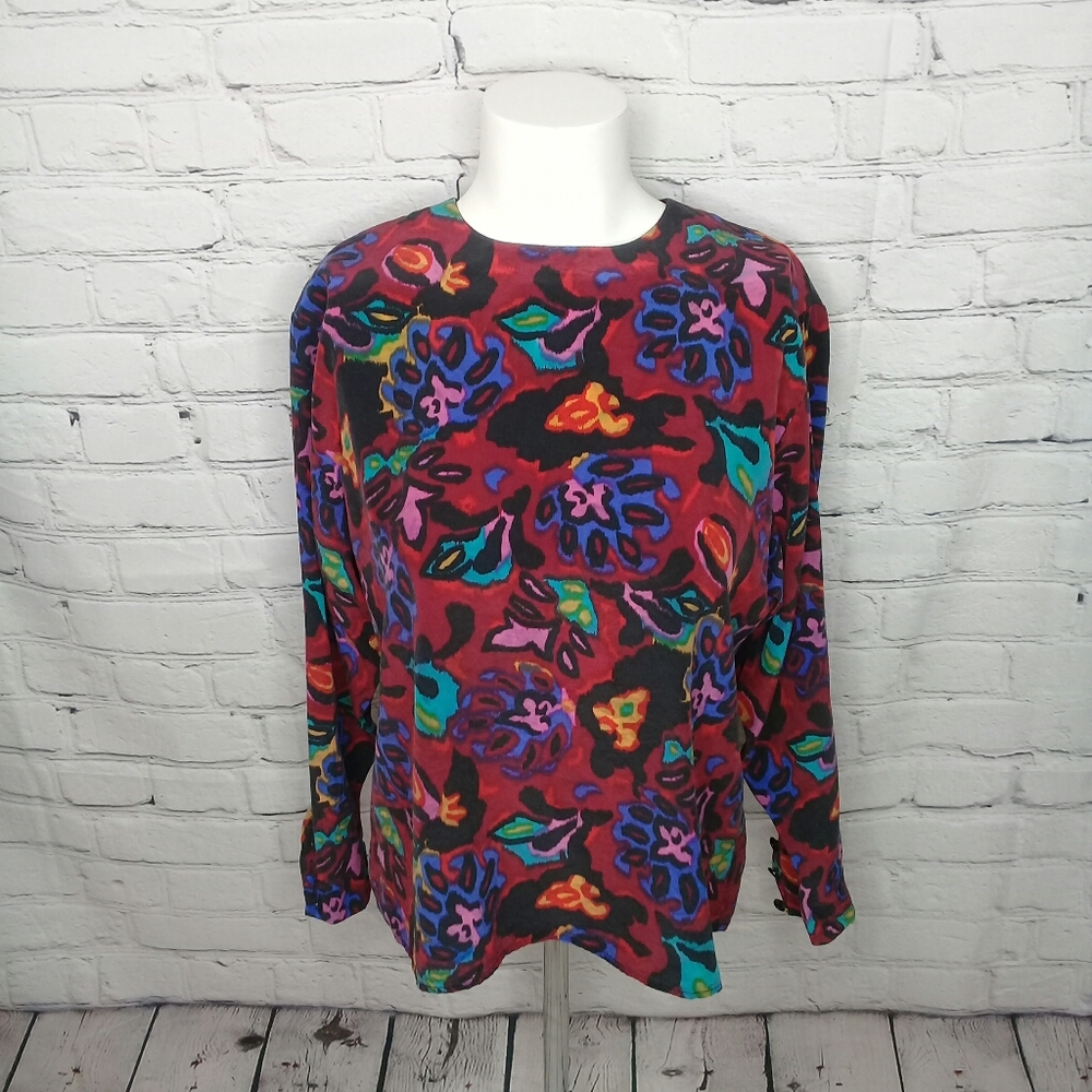 JH Collectibles Vintage Silk Abstract Floral Blouse 80s 90s Artsy Print Sz 8